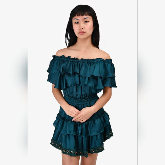 MISA Los Angeles Jules Mini Dress Off Shoulder Satin in Emerald Size XS Women's - Picture 1 of 13